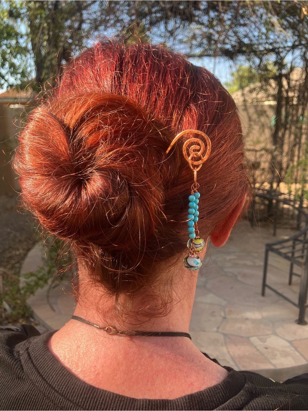 Copper Spiral Hair Stick with Turquoise and vintage glass lamp work Beads